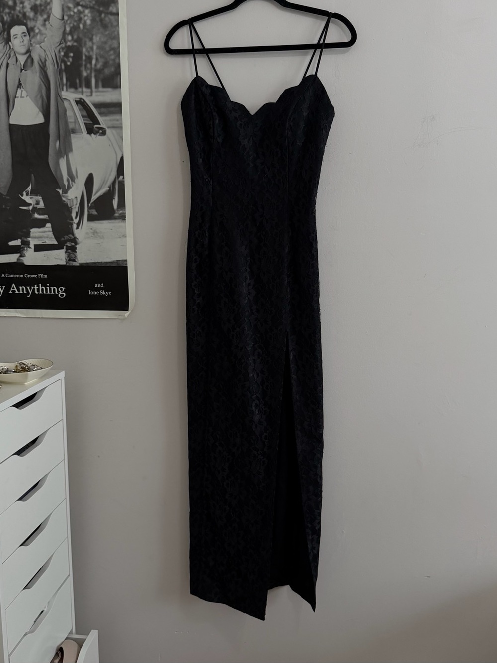 Black Lace Maxi Slip Dress with Spaghetti Straps and Side Slit